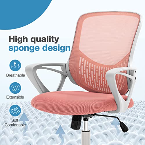 Ergonomic Home Office Chair - Mesh Mid Back Computer Desk Swivel Rolling Task Chair with Lumbar Support, Armrest, Wheels, Sponge Seat Cushions, Pink