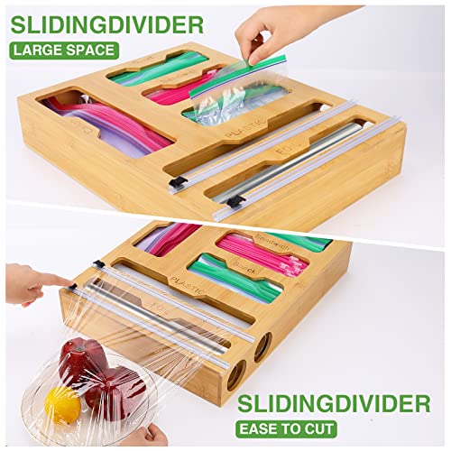 MIRBIRTOS bamboo ziplock bag organizer for drawer Foil And Plastic Wrap Organizer 6 In 1 Plastic Wrap Dispenser with Cutter Compatible with 12" Kitchen Rolls