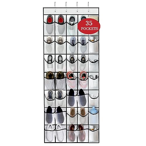 VEEBELL 35 Pocket Over The Door Shoe Organizer, Door Hanging Storage Shoe Holder Rack for Large Capacity Shoe Organizer for Men and Women Kids Closet Bedroom Bathroom (White)