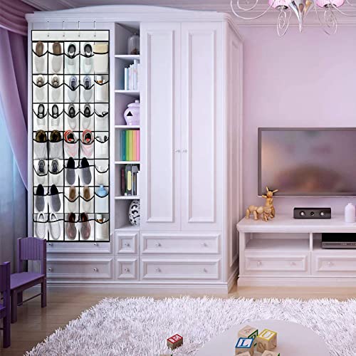 VEEBELL 35 Pocket Over The Door Shoe Organizer, Door Hanging Storage Shoe Holder Rack for Large Capacity Shoe Organizer for Men and Women Kids Closet Bedroom Bathroom (White)