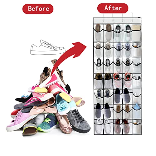 VEEBELL 35 Pocket Over The Door Shoe Organizer, Door Hanging Storage Shoe Holder Rack for Large Capacity Shoe Organizer for Men and Women Kids Closet Bedroom Bathroom (White)