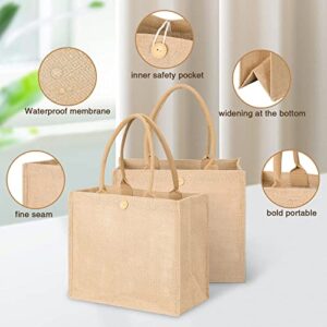 Jazpyne Burlap Tote Bags 4 Pack Jute Tote Bags with Handles and Button (13.7'' x 12.1'' x 7.6'') Reusable Shopping Bags Blank Gift Bags for Party Beach Trip Bridesmaid Wedding DIY