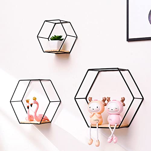 COBARYEN Set of 3 in Different Sizes Hexagon Shaped Floating Shelves,Metal Wall Mounted Floating Storage Shelf for Bedroom, Living Room, Bathroom, Kitchen (Black)