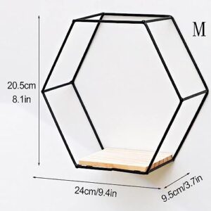 COBARYEN Set of 3 in Different Sizes Hexagon Shaped Floating Shelves,Metal Wall Mounted Floating Storage Shelf for Bedroom, Living Room, Bathroom, Kitchen (Black)