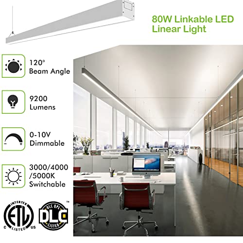 hykolity 8FT Linkable LED Linear Light, 80W 9200lm 3000K/4000K/5000K CCT Selectable, 0-10V Dimmable Architectural LED Suspension Office Lighting Fixture for Market, Garage, ETL,4 Pack - Silver