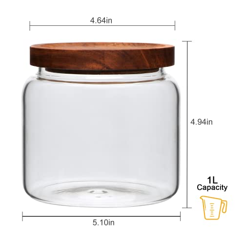 Datttcc Glass Jars,Set of 4 Glass Food Storage Containers with Wooden Lids,Clear Glass Canister Sets for Sugar,Tea,Coffee,Snack,Spice,Herbs(33 oz/ 1000 ml)