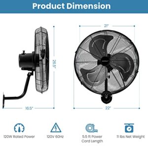 COSTWAY 2-Pack Wall Mount Fan, 21 Inches Heavy Duty Metal Wall Fan with 3 Speeds, 85° Oscillation, 30° Adjustable Tilt Head, Wall-Mounted Aluminum Blades Fan for Garage Warehouse Workshop, Black