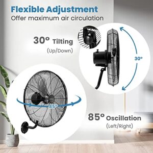 COSTWAY 2-Pack Wall Mount Fan, 21 Inches Heavy Duty Metal Wall Fan with 3 Speeds, 85° Oscillation, 30° Adjustable Tilt Head, Wall-Mounted Aluminum Blades Fan for Garage Warehouse Workshop, Black