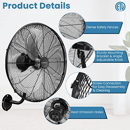 COSTWAY 2-Pack Wall Mount Fan, 21 Inches Heavy Duty Metal Wall Fan with 3 Speeds, 85° Oscillation, 30° Adjustable Tilt Head, Wall-Mounted Aluminum Blades Fan for Garage Warehouse Workshop, Black