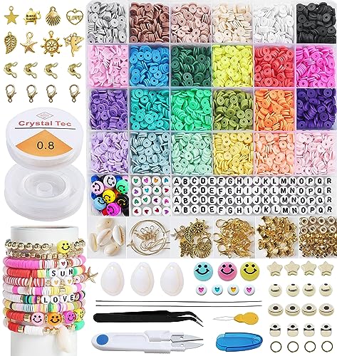 Segden 6000pcs Clay Bead Bracelet Kit,Polymer Flat Beads for Bracelet Making Kit,24 Colors Heishi Beads Letter Beads Spacer Beads for Friendship Bracelets with Charms Elastic Strings