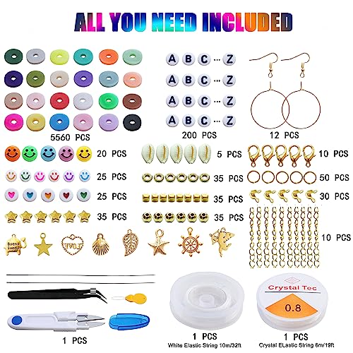 Segden 6000pcs Clay Bead Bracelet Kit,Polymer Flat Beads for Bracelet Making Kit,24 Colors Heishi Beads Letter Beads Spacer Beads for Friendship Bracelets with Charms Elastic Strings