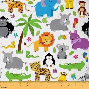 cartoon animals fabric by the yard, colorful zoo upholstery fabric, tropical plants decor fabric, leopard koala lion tiger indoor outdoor fabric, cute kids diy waterproof fabric, green red, 2 yards