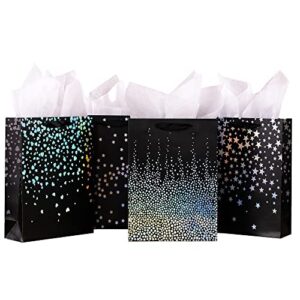 officecastle 4 pack large black gift bags with tissue paper, 13" gift bags with star pattern, perfect for birthdays, showers, weddings and parties | 10" lx5 wx13 h, thick paper bags