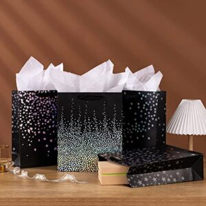 OfficeCastle 4 Pack Large Black Gift Bags with Tissue Paper, 13" Gift Bags with Star Pattern, Perfect for Birthdays, Showers, Weddings and Parties | 10" Lx5 Wx13 H, Thick Paper Bags