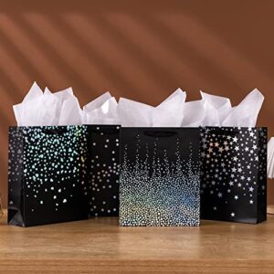 OfficeCastle 4 Pack Large Black Gift Bags with Tissue Paper, 13" Gift Bags with Star Pattern, Perfect for Birthdays, Showers, Weddings and Parties | 10" Lx5 Wx13 H, Thick Paper Bags