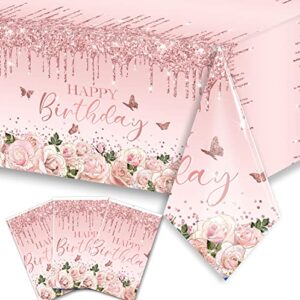 hakoti pink rose gold tablecloth decoration - 3 pcs happy birthday tablecloth disposable plastic sequin tablecloth girls birthday wedding party tablecloths for 50th 60th 70th 80th men or women