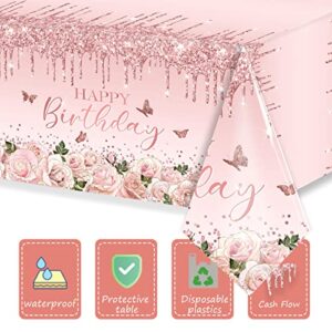 HAKOTI Pink Rose Gold Tablecloth Decoration - 3 PCS Happy Birthday Tablecloth Disposable Plastic Sequin Tablecloth Girls Birthday Wedding Party Tablecloths for 50th 60th 70th 80th Men or Women