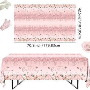 HAKOTI Pink Rose Gold Tablecloth Decoration - 3 PCS Happy Birthday Tablecloth Disposable Plastic Sequin Tablecloth Girls Birthday Wedding Party Tablecloths for 50th 60th 70th 80th Men or Women
