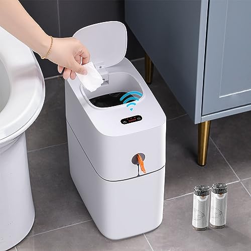 JOYBOS Bathroom Trash Can, 4 Gallon Waterproof Motion Sensor Small Bedroom Garbage Can with Lid, Slim Plastic Narrow Trash Bin for Kitchen,Office,RV. Grey