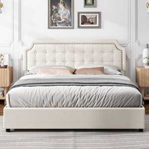 Keyluv Upholstered Queen Bed Frame with 4 Storage Drawers, Velvet Platform Bed with Curved Button Tufted Headboard with Nailhead Trim, Solid Wooden Slats Support, No Box Spring Needed, Beige