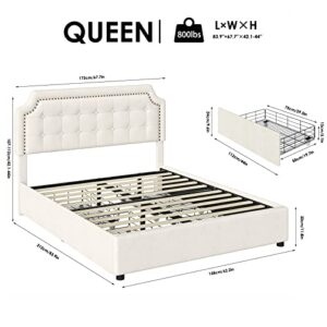Keyluv Upholstered Queen Bed Frame with 4 Storage Drawers, Velvet Platform Bed with Curved Button Tufted Headboard with Nailhead Trim, Solid Wooden Slats Support, No Box Spring Needed, Beige