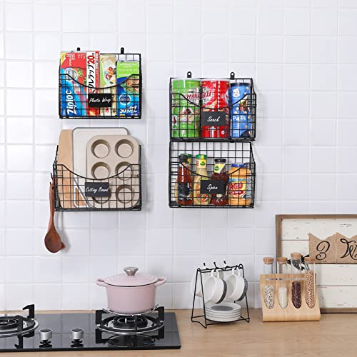 Over The Cabinet Door Organizer 4 Pack, Over Door Storage Basket with Name Plate Hooks for Cutting Board Foils Cookie Sheet, Grid Storage Bin Basket Holder Rack for Kitchen Pantry Bathroom