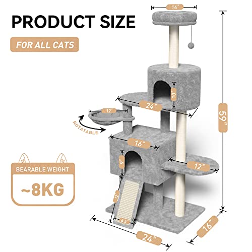 Hawsaiy Multi Level 58 inch Cat Tree Tower for Indoor Cat Kitten Furniture Condo Activity Center Play House with Scratching Sisal Posts Pad,Hammock,Ladder Beige (58", Grey)