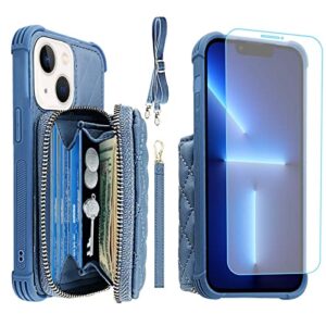 monasay zipper wallet case for iphone 14 plus,6.7in[glass screen protector ][rfid blocking] flip leather handbag phone cover with card holder&detachable crossbody lanyard strap, light blue