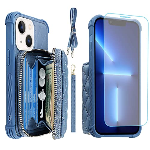 MONASAY Zipper Wallet Case for iPhone 14 Plus,6.7in[Glass Screen Protector ][RFID Blocking] Flip Leather Handbag Phone Cover with Card Holder&Detachable Crossbody Lanyard Strap, Light Blue