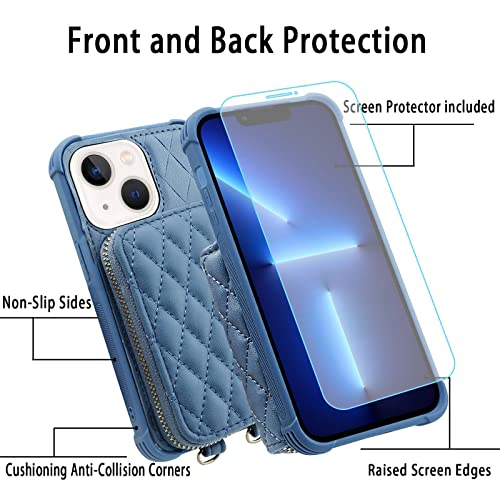 MONASAY Zipper Wallet Case for iPhone 14 Plus,6.7in[Glass Screen Protector ][RFID Blocking] Flip Leather Handbag Phone Cover with Card Holder&Detachable Crossbody Lanyard Strap, Light Blue