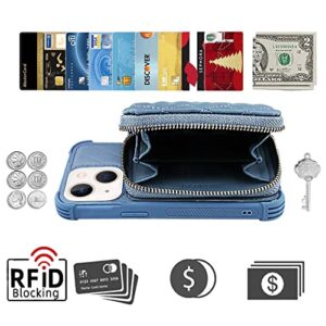 MONASAY Zipper Wallet Case for iPhone 14 Plus,6.7in[Glass Screen Protector ][RFID Blocking] Flip Leather Handbag Phone Cover with Card Holder&Detachable Crossbody Lanyard Strap, Light Blue