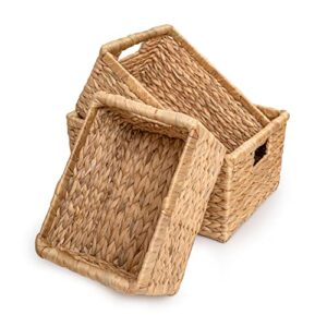 lilacraft natural storage baskets for organizing, wicker cubby storage bins, water hyancinth, rope woven baskets for storage with carrying handles decor (set 3 s,m,l)