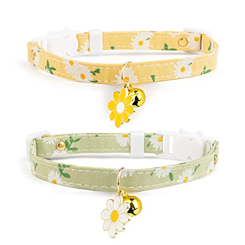 2 Pack Cotton Breakaway Cat Collar with Bell,Yellow&Green Flowers Pendant Cute Cat Collar Kitten Collar,Ideal for Girl Cats Boy Cats