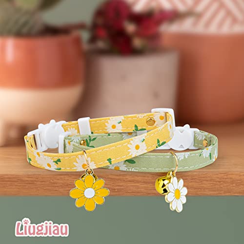 2 Pack Cotton Breakaway Cat Collar with Bell,Yellow&Green Flowers Pendant Cute Cat Collar Kitten Collar,Ideal for Girl Cats Boy Cats