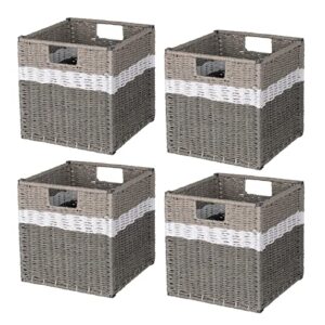 aels woven baskets for storage, natural hand-woven storage baskets for organizing, cubby cubes storage bins for shelves, 11" modern farmhouse square storage cubes with handles, gray and white, 4 pack