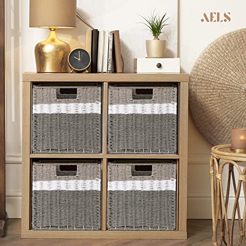 AELS Woven Baskets for Storage, Natural Hand-woven Storage Baskets for Organizing, Cubby Cubes Storage Bins for Shelves, 11" Modern Farmhouse Square Storage Cubes with Handles, Gray and White, 4 Pack