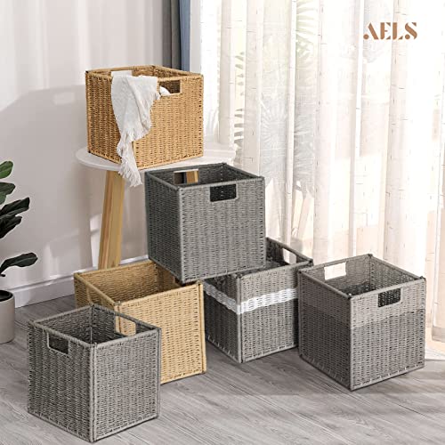 AELS Woven Baskets for Storage, Natural Hand-woven Storage Baskets for Organizing, Cubby Cubes Storage Bins for Shelves, 11" Modern Farmhouse Square Storage Cubes with Handles, Gray and White, 4 Pack