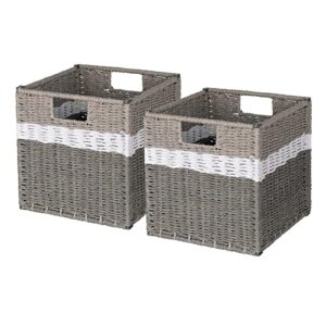 aels woven baskets for storage, natural hand-woven storage baskets for organizing, cubby cubes storage bins for shelves, 11" modern farmhouse square storage cubes with handles, gray and white, 2 pack