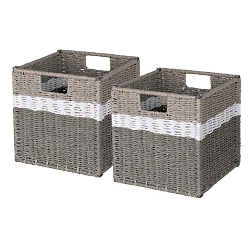 AELS Woven Baskets for Storage, Natural Hand-woven Storage Baskets for Organizing, Cubby Cubes Storage Bins for Shelves, 11" Modern Farmhouse Square Storage Cubes with Handles, Gray and White, 2 Pack