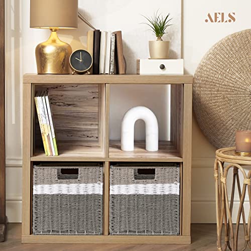 AELS Woven Baskets for Storage, Natural Hand-woven Storage Baskets for Organizing, Cubby Cubes Storage Bins for Shelves, 11" Modern Farmhouse Square Storage Cubes with Handles, Gray and White, 2 Pack