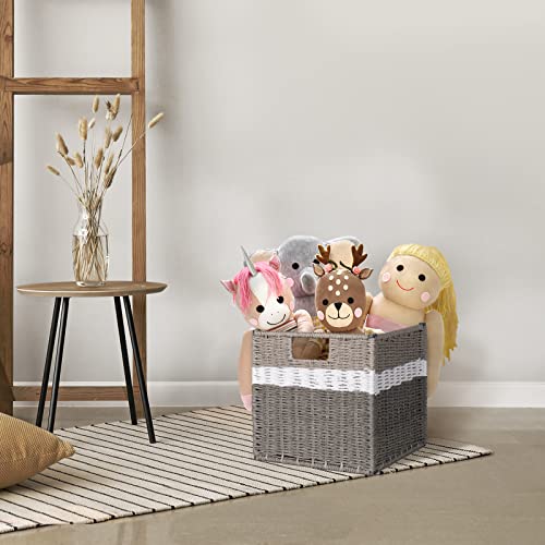 AELS Woven Baskets for Storage, Natural Hand-woven Storage Baskets for Organizing, Cubby Cubes Storage Bins for Shelves, 11" Modern Farmhouse Square Storage Cubes with Handles, Gray and White, 2 Pack