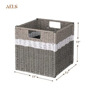 AELS Woven Baskets for Storage, Natural Hand-woven Storage Baskets for Organizing, Cubby Cubes Storage Bins for Shelves, 11" Modern Farmhouse Square Storage Cubes with Handles, Gray and White, 2 Pack