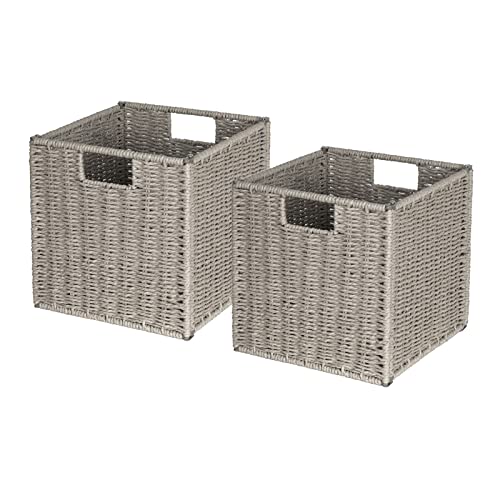 AELS Woven Baskets for Storage, Natural Hand-woven Storage Baskets for Organizing, Cubby Cubes Storage Bins for Shelves, 11" Modern Farmhouse Square Storage Cubes with Handles, Dark Gray, 2 Pack