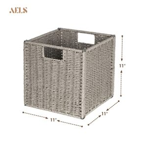 AELS Woven Baskets for Storage, Natural Hand-woven Storage Baskets for Organizing, Cubby Cubes Storage Bins for Shelves, 11" Modern Farmhouse Square Storage Cubes with Handles, Dark Gray, 2 Pack