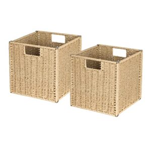 aels woven baskets for storage, natural hand-woven storage baskets for organizing, cubby cubes storage bins for shelves, 11" modern farmhouse square storage cubes with handles, beige, 2 pack
