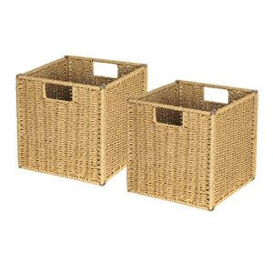aels woven baskets for storage, natural hand-woven storage baskets for organizing, cubby cubes storage bins for shelves, 11" modern farmhouse square storage cubes with handles, natural, 2 pack