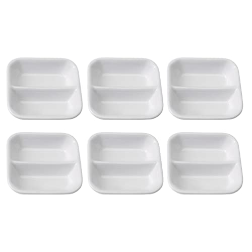 HANABASS 6pcs Ceramic Serving Platter 2 Compartment Appetizer Serving Tray Rectangular Divided Sauce Dishes for Restaurant Kitchen Spices Vinegar (White)