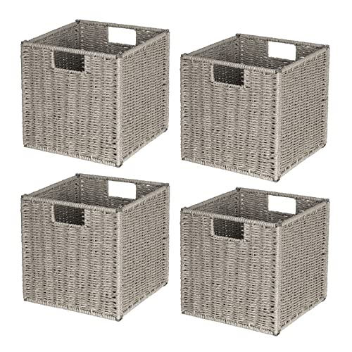 AELS Woven Baskets for Storage, Natural Hand-woven Storage Baskets for Organizing, Cubby Cubes Storage Bins for Shelves, 11" Modern Farmhouse Square Storage Cubes with Handles, Dark Gray, 4 Pack