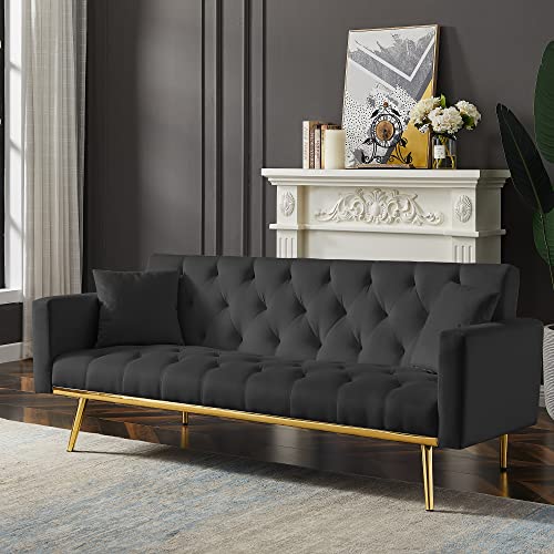 Melpomene Modern Velvet Sofa Couch, 73" Convertible Loveseat Sofa Sleeper Couch with Adjustable Back and Two Pillows(Black)