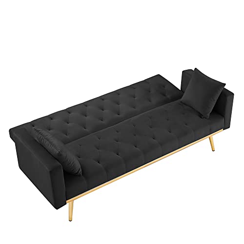 Melpomene Modern Velvet Sofa Couch, 73" Convertible Loveseat Sofa Sleeper Couch with Adjustable Back and Two Pillows(Black)